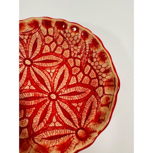 Handcrafted Red Floral Ceramic Bowl Textured Lace / Floral Design Decorative - Picture 7 of 9